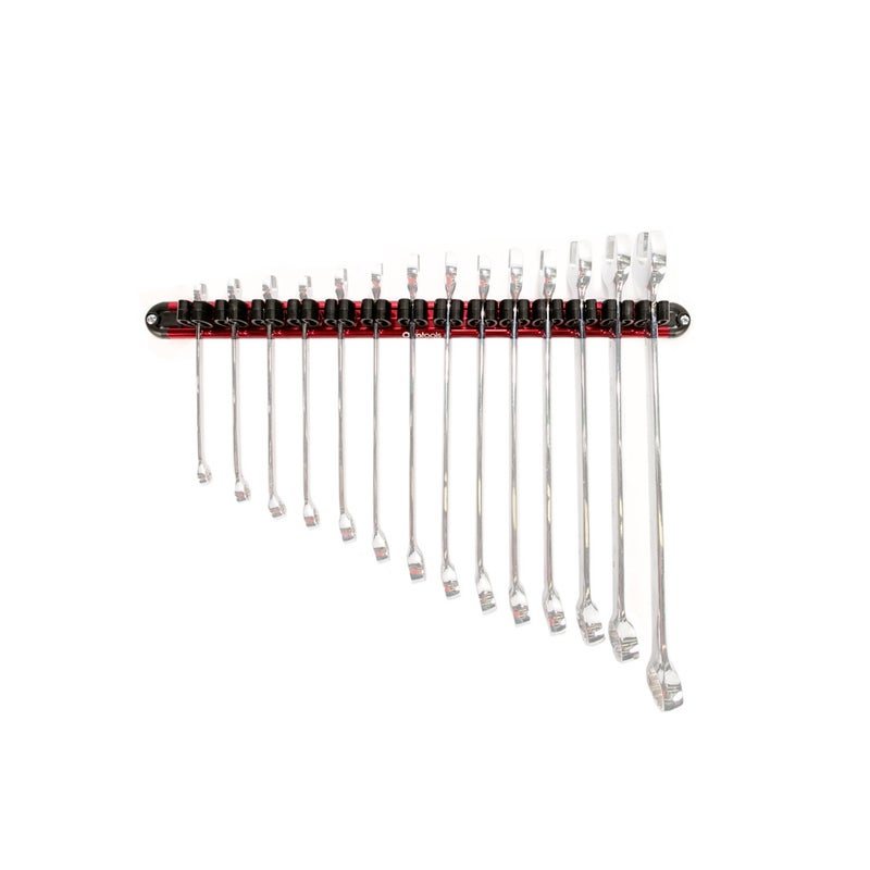 Olsa Tools Wall-Mounted Wrench Rack - Red Anodized Aluminum Rail with Black Clips - Stores 14 SAE or Metric Wrenches Securely - Professional Organizer - Part: 1028 - Image 1